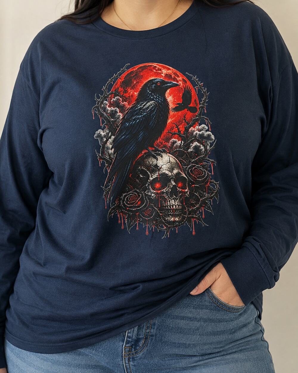 Glitzy Girlz 2X Black Raven Red Moon Skull Gothic Long Sleeve Graphic T-Shirt
